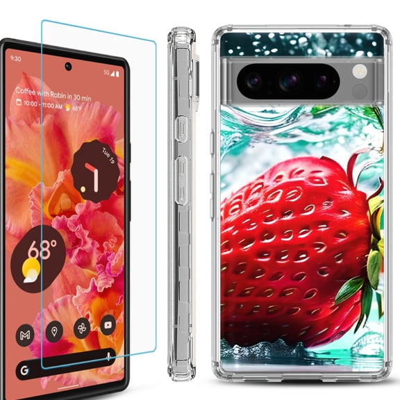 OneToughShield  Compatible with Google Pixel 8 Pro, Shockproof Phone Case, with Tempered Glass Screen Protector - Strawberry