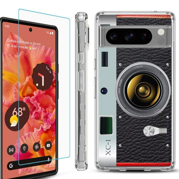 OneToughShield ® Compatible with Google Pixel 8 Pro, Shockproof Phone Case, with Tempered Glass Screen Protector - Vintage Camera