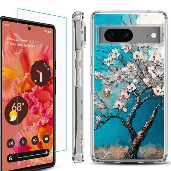 OneToughShield ® Compatible with Google Pixel 8, Shockproof Phone Case, with Tempered Glass Screen Protector - Almond Tree