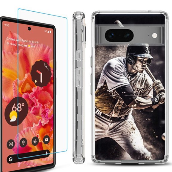 OneToughShield ® Compatible with Google Pixel 8, Shockproof Phone Case, with Tempered Glass Screen Protector - Baseball Player