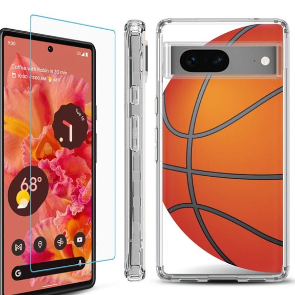 OneToughShield ® Compatible with Google Pixel 8, Shockproof Phone Case, with Tempered Glass Screen Protector - Basketball