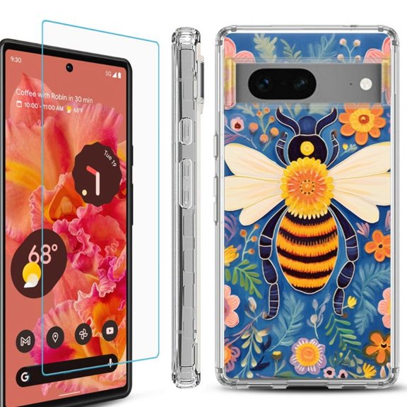 OneToughShield  Compatible with Google Pixel 8, Shockproof Phone Case, with Tempered Glass Screen Protector - Bee Flower