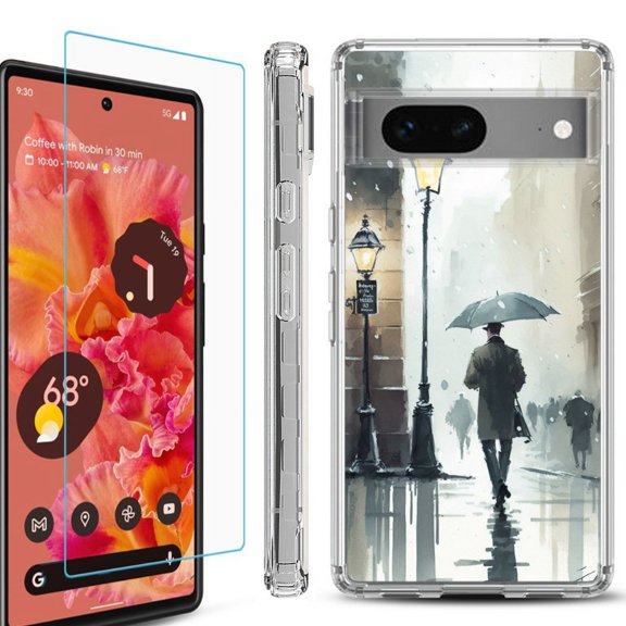 OneToughShield  Compatible with Google Pixel 8, Shockproof Phone Case, with Tempered Glass Screen Protector - City in the rain