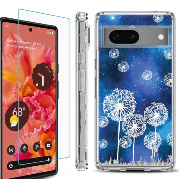 OneToughShield  Compatible with Google Pixel 8, Shockproof Phone Case, with Tempered Glass Screen Protector - Dandelion Stars