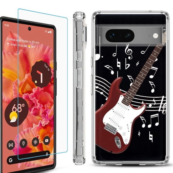 OneToughShield ® Compatible with Google Pixel 8, Shockproof Phone Case, with Tempered Glass Screen Protector - Guitar Red