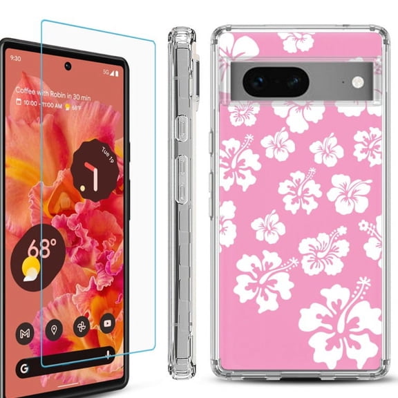 OneToughShield  Compatible with Google Pixel 8, Shockproof Phone Case, with Tempered Glass Screen Protector - Hibiscus Pink