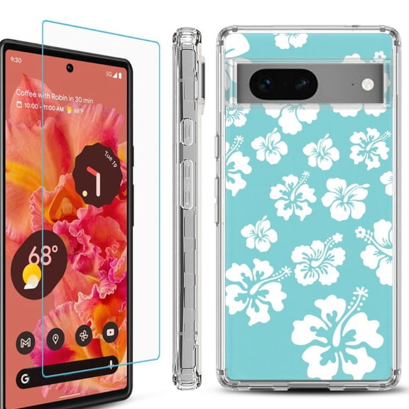 OneToughShield  Compatible with Google Pixel 8, Shockproof Phone Case, with Tempered Glass Screen Protector - Hibiscus Teal