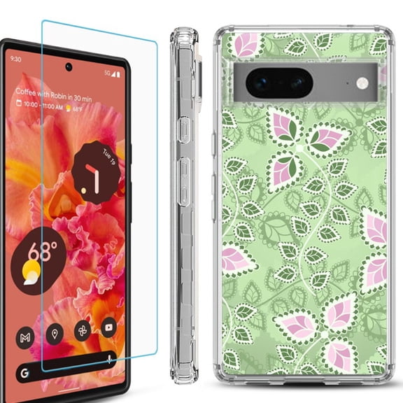OneToughShield ® Compatible with Google Pixel 8, Shockproof Phone Case, with Tempered Glass Screen Protector - Leaf Pink Green