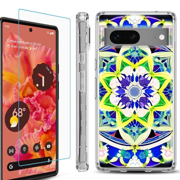OneToughShield  Compatible with Google Pixel 8, Shockproof Phone Case, with Tempered Glass Screen Protector - Mandalas Color