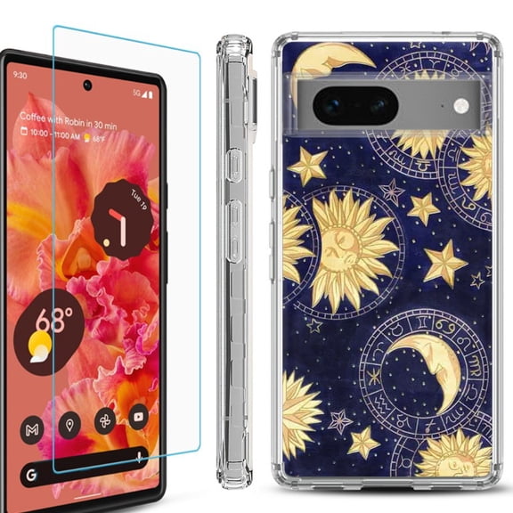 OneToughShield  Compatible with Google Pixel 8, Shockproof Phone Case, with Tempered Glass Screen Protector - Moon Sun Star