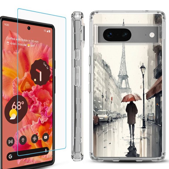 OneToughShield  Compatible with Google Pixel 8, Shockproof Phone Case, with Tempered Glass Screen Protector - Paris in the Rain