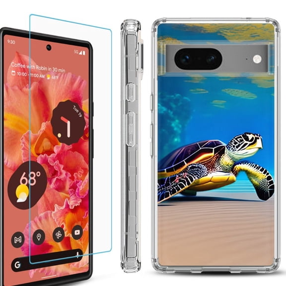 OneToughShield  Compatible with Google Pixel 8, Shockproof Phone Case, with Tempered Glass Screen Protector - Sea Turtle Beach