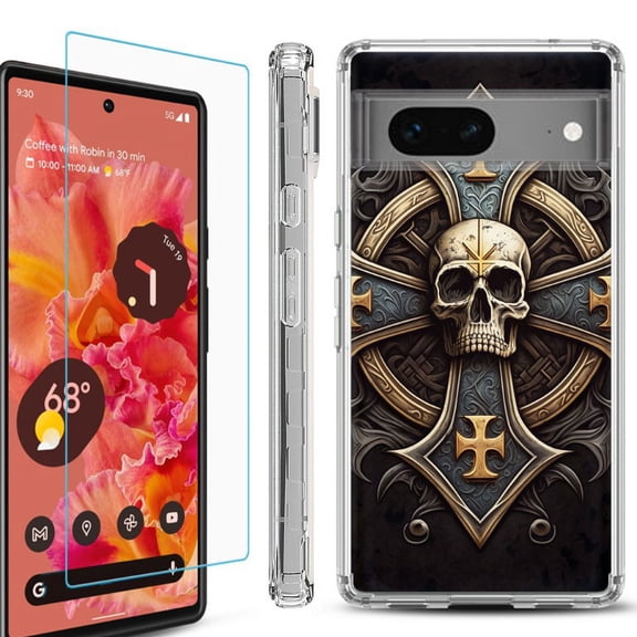 OneToughShield ® Compatible with Google Pixel 8, Shockproof Phone Case, with Tempered Glass Screen Protector - Skull Art