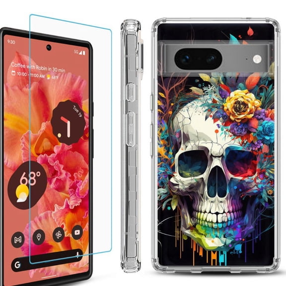 OneToughShield ® Compatible with Google Pixel 8, Shockproof Phone Case, with Tempered Glass Screen Protector - Skull Flower