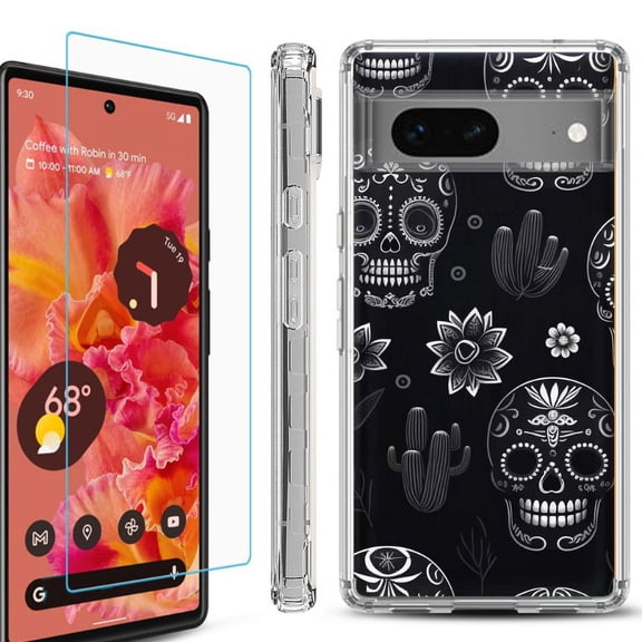 OneToughShield ® Compatible with Google Pixel 8, Shockproof Phone Case, with Tempered Glass Screen Protector - Skull Mix