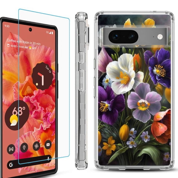 OneToughShield  Compatible with Google Pixel 8, Shockproof Phone Case, with Tempered Glass Screen Protector - Spring Flower