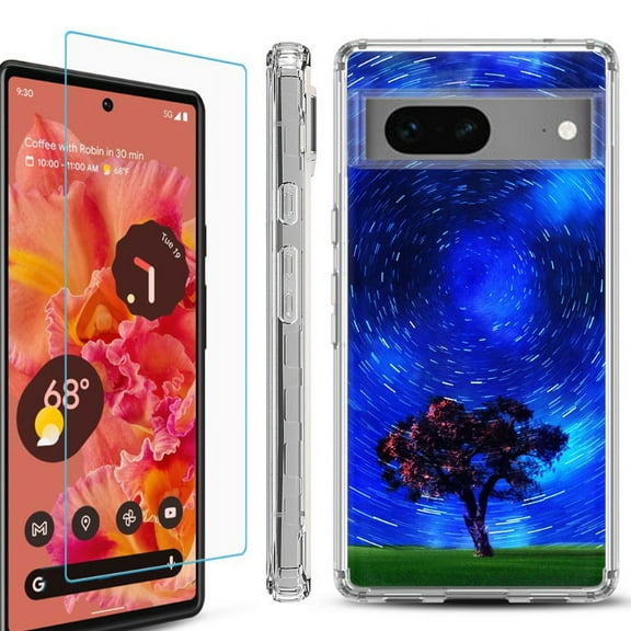 OneToughShield  Compatible with Google Pixel 8, Shockproof Phone Case, with Tempered Glass Screen Protector - Star Trails Tree