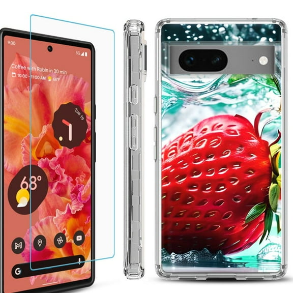 OneToughShield  Compatible with Google Pixel 8, Shockproof Phone Case, with Tempered Glass Screen Protector - Strawberry
