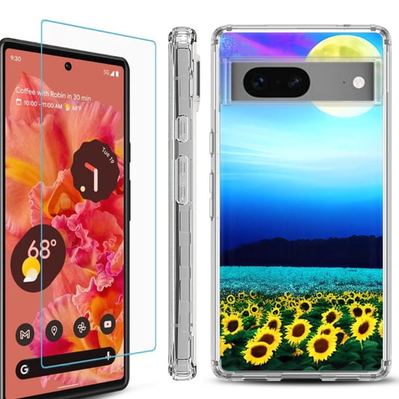 OneToughShield ® Compatible with Google Pixel 8, Shockproof Phone Case, with Tempered Glass Screen Protector - Sunflower Moon