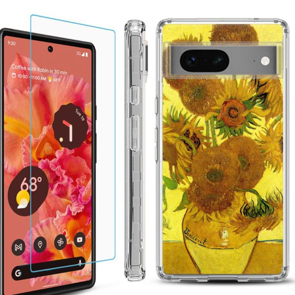 OneToughShield ® Compatible with Google Pixel 8, Shockproof Phone Case, with Tempered Glass Screen Protector - Sunflower