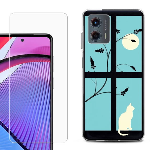 OneToughShield ® Compatible with Motorola Moto G 5G 2023, Shockproof Phone Case, with Tempered Glass Screen Protector - Moon/Cat