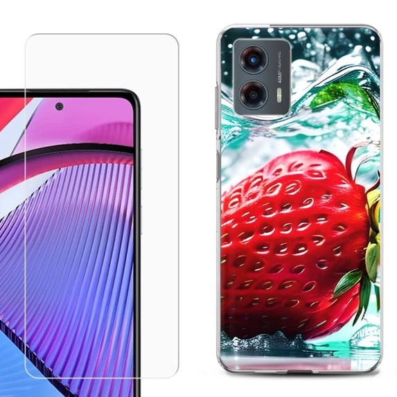 OneToughShield ® Compatible with Motorola Moto G 5G 2023, Shockproof Phone Case, with Tempered Glass Screen Protector - Strawberry