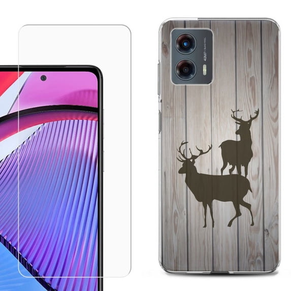 OneToughShield ® Compatible with Motorola Moto G 5G 2023, Shockproof Phone Case, with Tempered Glass Screen Protector - Wood/Deer