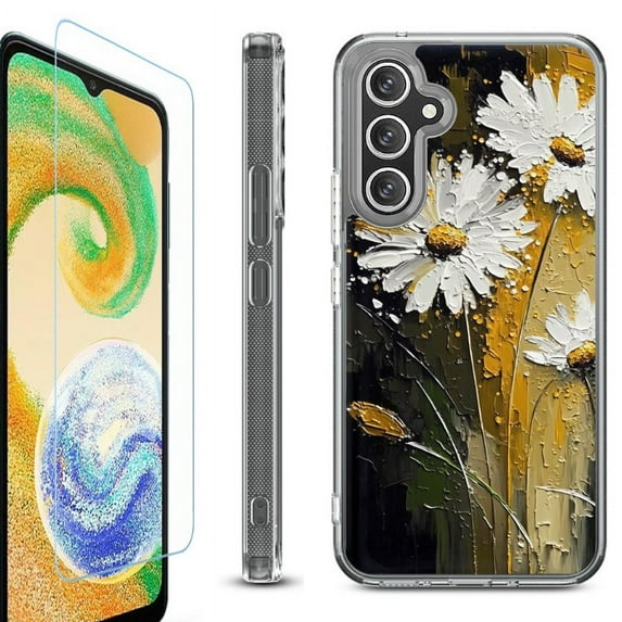 OneToughShield ® Compatible with Samsung Galaxy A15 5G, Shockproof Bumper Phone Case, with Tempered Glass Screen Protector - Abstract Daisy