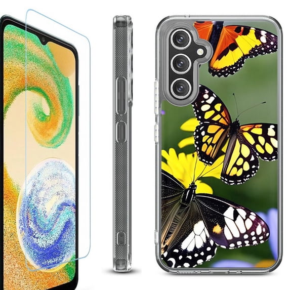 OneToughShield ® Compatible with Samsung Galaxy A15 5G, Shockproof Bumper Phone Case, with Tempered Glass Screen Protector - Butterfly/Flower