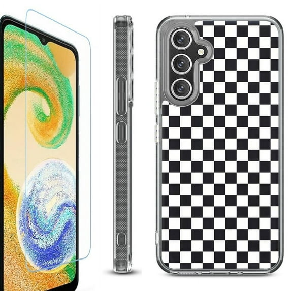 OneToughShield ® Compatible with Samsung Galaxy A15 5G, Shockproof Bumper Phone Case, with Tempered Glass Screen Protector - Checker B/W