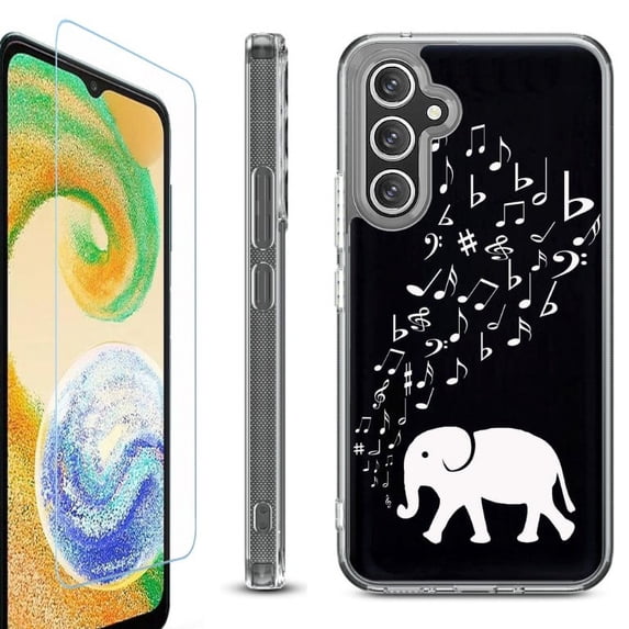 OneToughShield ® Compatible with Samsung Galaxy A15 5G, Shockproof Bumper Phone Case, with Tempered Glass Screen Protector - Elephant Music