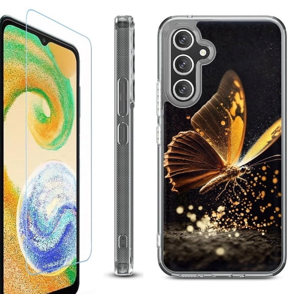 OneToughShield ® Compatible with Samsung Galaxy A15 5G, Shockproof Bumper Phone Case, with Tempered Glass Screen Protector - Golden Butterfly