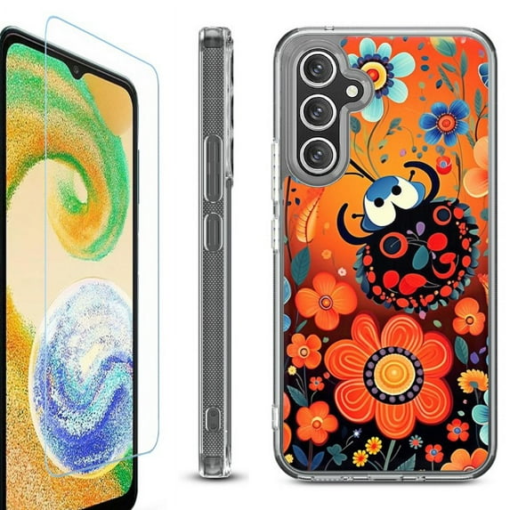 OneToughShield ® Compatible with Samsung Galaxy A15 5G, Shockproof Bumper Phone Case, with Tempered Glass Screen Protector - Ladybug Flower