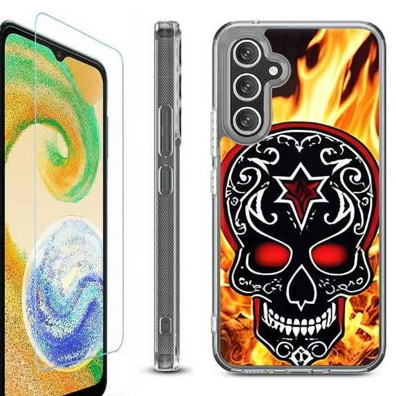 OneToughShield ® Compatible with Samsung Galaxy A15 5G, Shockproof Bumper Phone Case, with Tempered Glass Screen Protector - Skull Flames