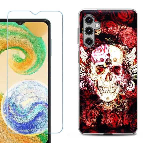 OneToughShield ® Compatible with Samsung Galaxy A25 5G, Shockproof Phone Case, with Tempered Glass Screen Protector - Rose Skull