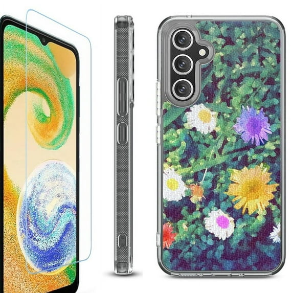 OneToughShield ® Compatible with Samsung Galaxy S23 FE Fan Edition, Shockproof Phone Case, with Tempered Glass Screen Protector - Daisy Paint