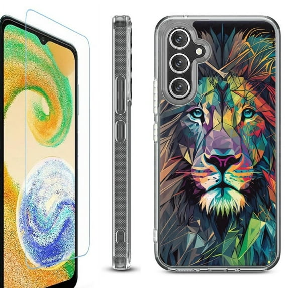 OneToughShield ® Compatible with Samsung Galaxy S23 FE Fan Edition, Shockproof Phone Case, with Tempered Glass Screen Protector - Geometric Lion