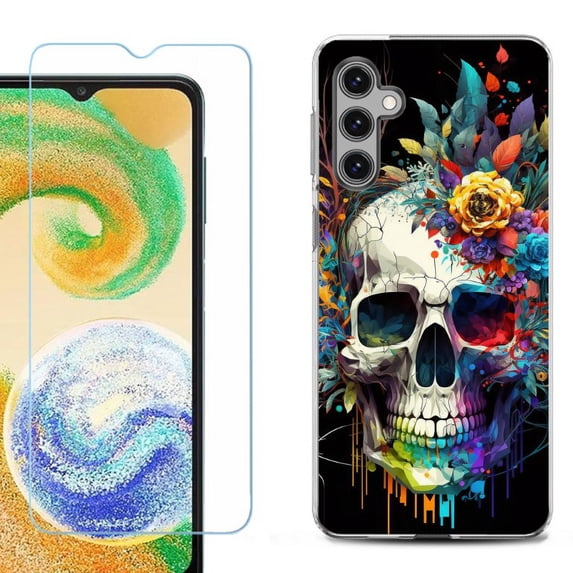 OneToughShield ® Compatible with Samsung Galaxy S24+ S24 Plus, Shockproof Fashion Phone Case, with Tempered Glass Screen Protector - Skull Flower