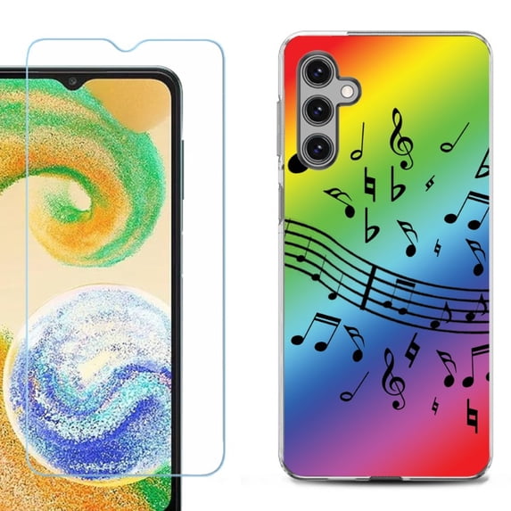 OneToughShield ® Compatible with Samsung Galaxy S24, Shockproof Fashion Phone Case, with Tempered Glass Screen Protector - Music Notes / Rainbow