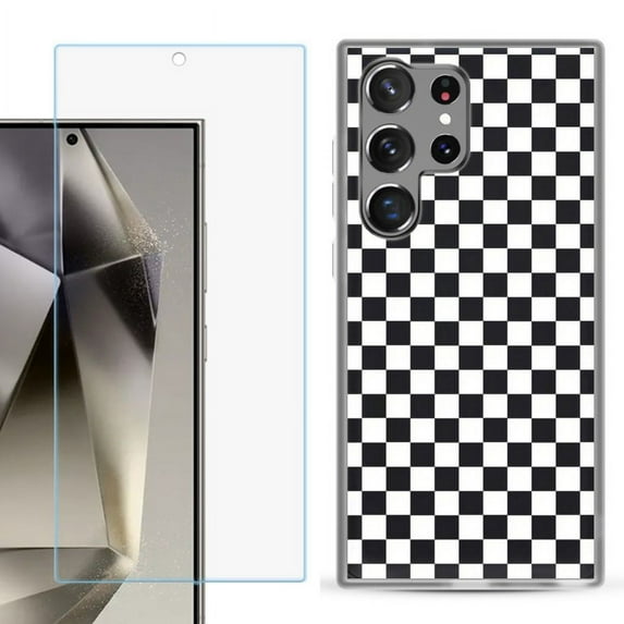 OneToughShield ® Compatible with Samsung Galaxy S24 Ultra, Shockproof Phone Case, with Tempered Glass Screen Protector - Checker B/W