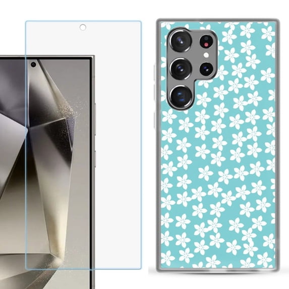 OneToughShield ® Compatible with Samsung Galaxy S24 Ultra, Shockproof Phone Case, with Tempered Glass Screen Protector - Flower/Teal