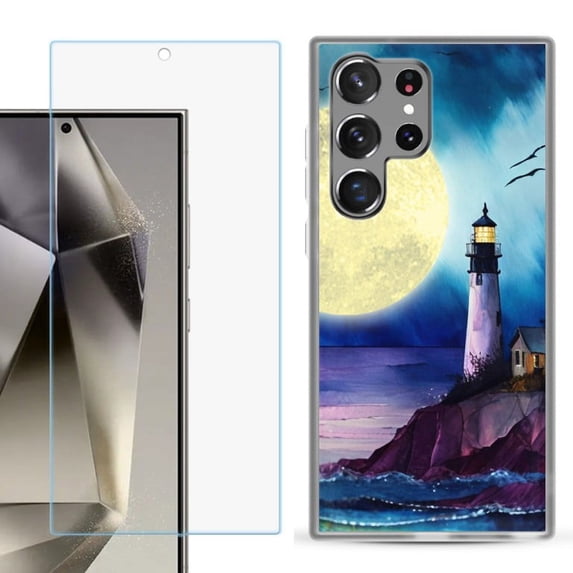 OneToughShield ® Compatible with Samsung Galaxy S24 Ultra, Shockproof Phone Case, with Tempered Glass Screen Protector - Lighthouse Moon