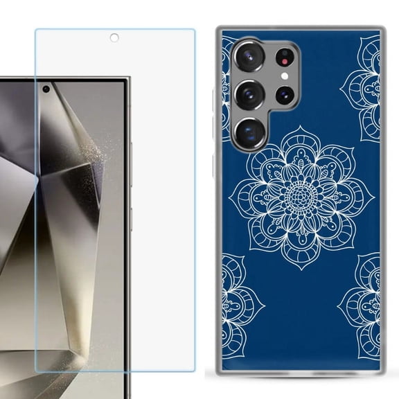 OneToughShield ® Compatible with Samsung Galaxy S24 Ultra, Shockproof Phone Case, with Tempered Glass Screen Protector - Mandala / Blue