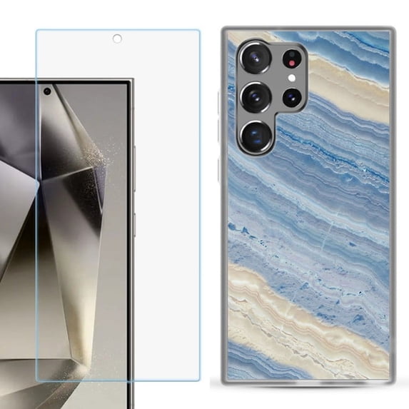OneToughShield ® Compatible with Samsung Galaxy S24 Ultra, Shockproof Phone Case, with Tempered Glass Screen Protector - Marble/ Marina Blue