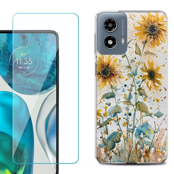 OneToughShield ® Shockproof Phone Case Compatible with Motorola Moto G Power 5G 2024, with Tempered Glass Screen Protector - Pastel Sunflowers