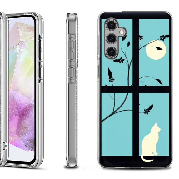 OneToughShield ® Shockproof Phone Case Compatible with Samsung Galaxy A35 5G - Moon/Cat