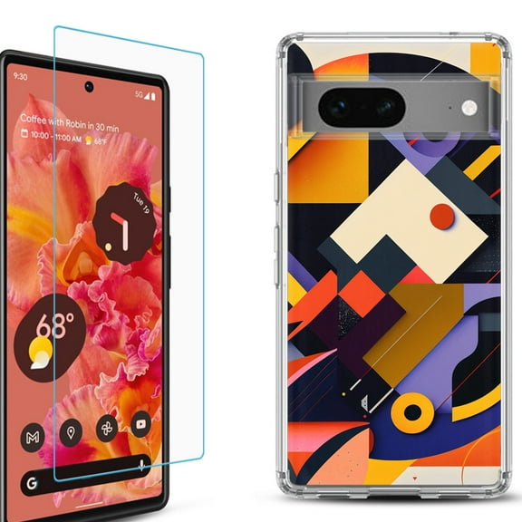 OneToughShield ® for Google Pixel 7a Shockproof Bumper Phone Case, with Tempered Glass Screen Protector - Abstract Art