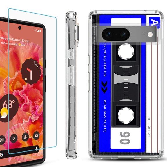OneToughShield ® for Google Pixel 7a Shockproof Bumper Phone Case, with Tempered Glass Screen Protector - Cassette Blue