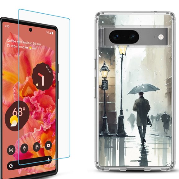 OneToughShield  for Google Pixel 7a Shockproof Bumper Phone Case, with Tempered Glass Screen Protector - City in the rain