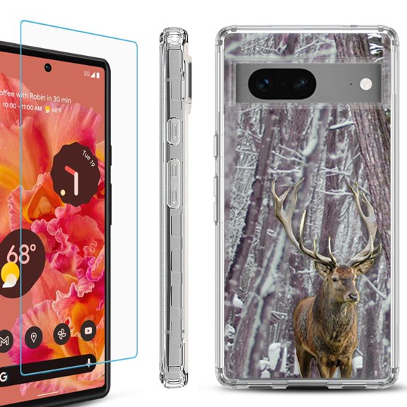 OneToughShield  for Google Pixel 7a Shockproof Bumper Phone Case, with Tempered Glass Screen Protector - Deer/Snow/Camo